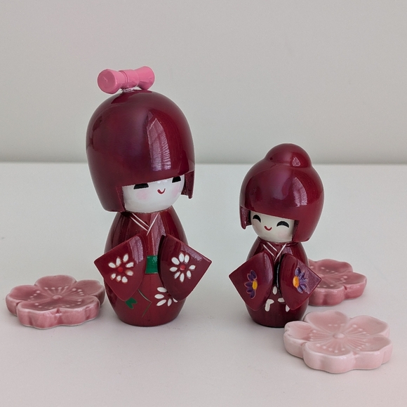 NEW Kokeshi Wooden Dolls Set of 2 Doll Mom Daughter Sister Matching Kimono Japan - Picture 2 of 10